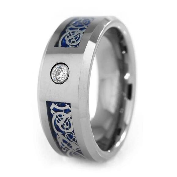 Men's Wedding Band Rings - Silver Celtic Dragon CZ Rings for Men and Women - Picture 1 of 7